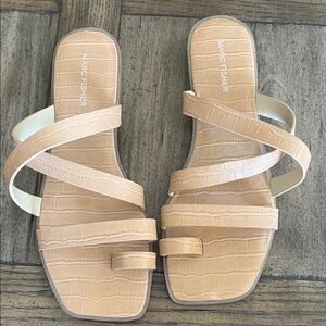 Marc Fisher Beige Croc-Embossed Multi-Strap Slide Sandals